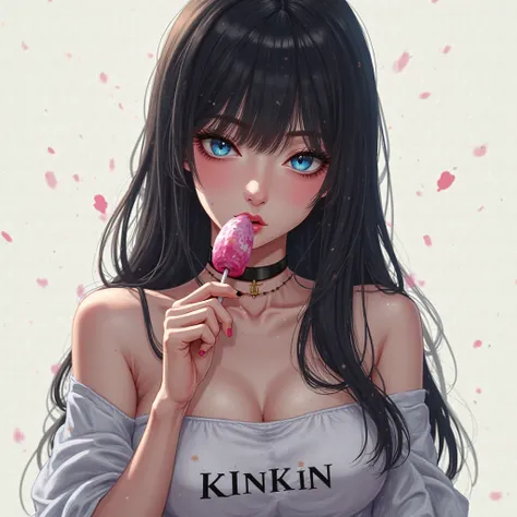 Generate me a picture of a female eating lollipop,black hair, blue eyes, full white skin with name KINKAN on her shirt, crop top 