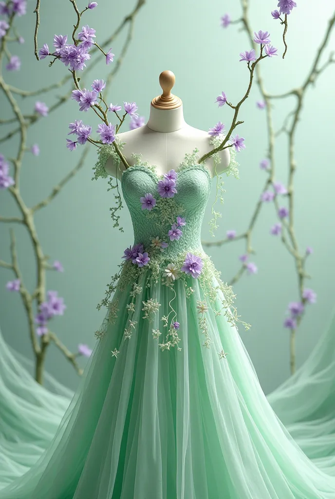  outfit; two-tier pastel in dry green color. At the top it has arabesques in the shape of a flower in high relief. It is surrounded by branches with purple jacaranda flowers. 