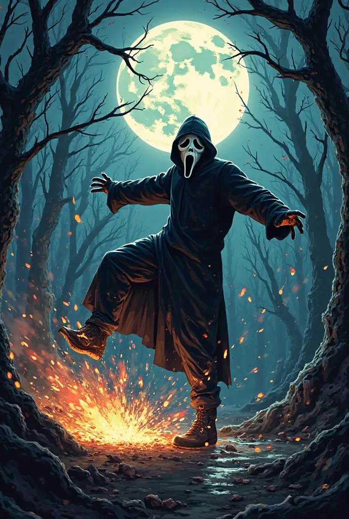 Ghostface from the horror movie scream kicking a generator big flash of light background spooky trees moon cartoon inspired by the video game Dead by daylight 