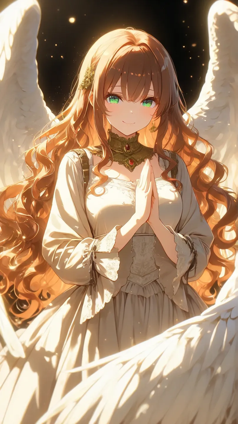  an HD scene a mysterious 30 year girl with orange wavy hair and emerald eyes wearing a brown and white medieval country dress with an kind smile in a praying motion with majestic angel wings and a golden glow around her, black background, high detail, hig...