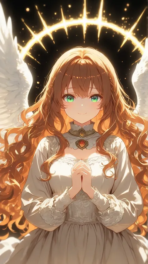  an HD scene a mysterious 30 year girl with orange wavy hair and emerald eyes wearing a brown and white medieval country dress with an kind smile in a praying motion with majestic angel wings and a golden glow around her, black background, high detail, hig...