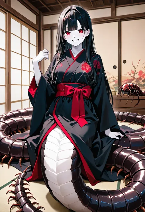 Lamia style girl. Fusion with a centipede. Black centipede body. Red insect legs. Black costume. Japanese kimono dress. Red eyes. Black hair. Straight hair. Neat bangs. Grin. White skin. Japanese house. Indoors.