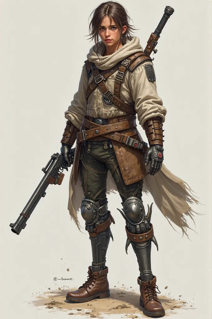 A young warrior of approximately s with fair skin and brown hair, whose tips are white. a revolver and an arcabuz, demonstrating their peculiarities in combat. The most striking detail of his appearance is his mechanical leg modifying an amputee, with expo...