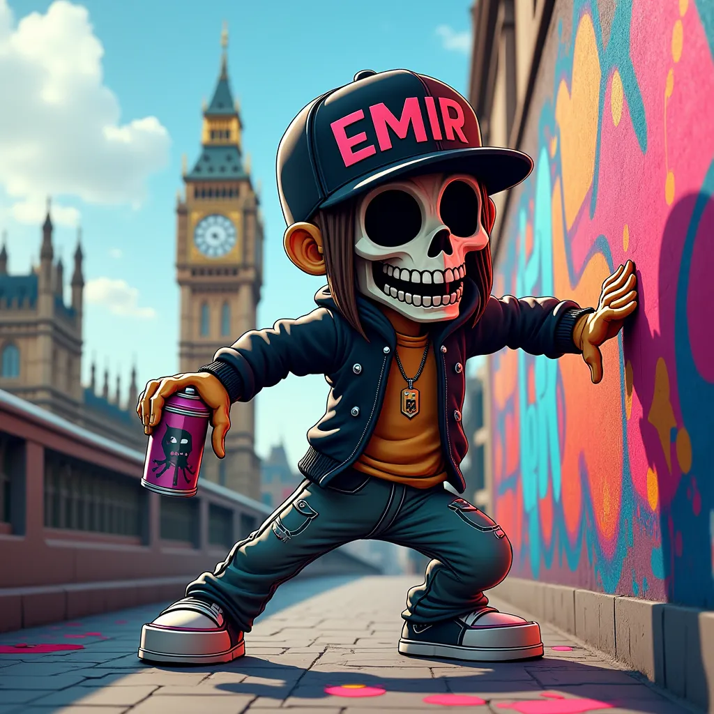 graffiti graffeur personnage animé look hip hop 3D casquette us ecrit dessus Emir dessus en noir ,masque squelette , tient une bombe de peinture dans la main devant big ben londres
