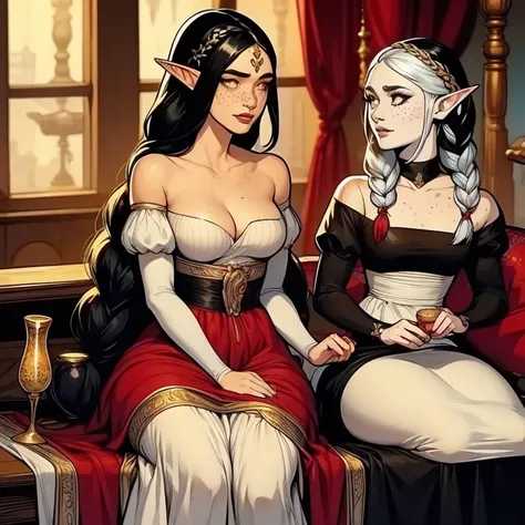 A beautiful female elf ,  braided black hair  , eyes with yellow pupil ,freckles,  Thin Lips, round face,small breasts, Wearing maid clothes,cor preta, female elf with white skin ,  look of devotion and submission((SFW))