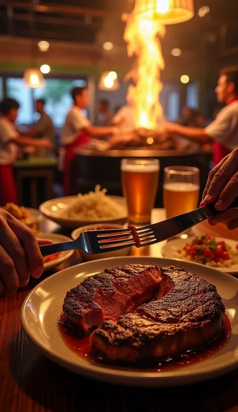 "A hyper-realistic first-person perspective image (throw) of a person eating at a traditional steakhouse. The hands are visible in the foreground, holding a fork and knife ready to cut a juicy piece of roasted meat, with a golden glow on the crust. The mea...