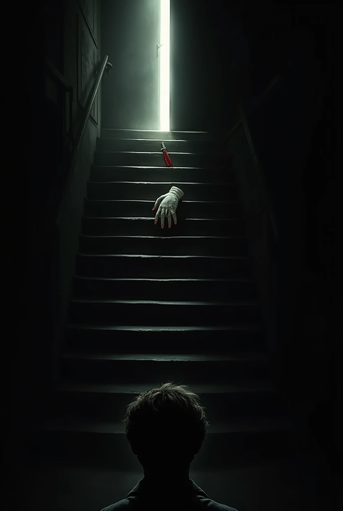 [Image of a dark staircase leading to a half-open door, from which a faint light. On the upper step there is a white glove stained with blood, emerges and in the shade you can see the reflection of a dagger. below, Basil's silhouette looks up with an expre...