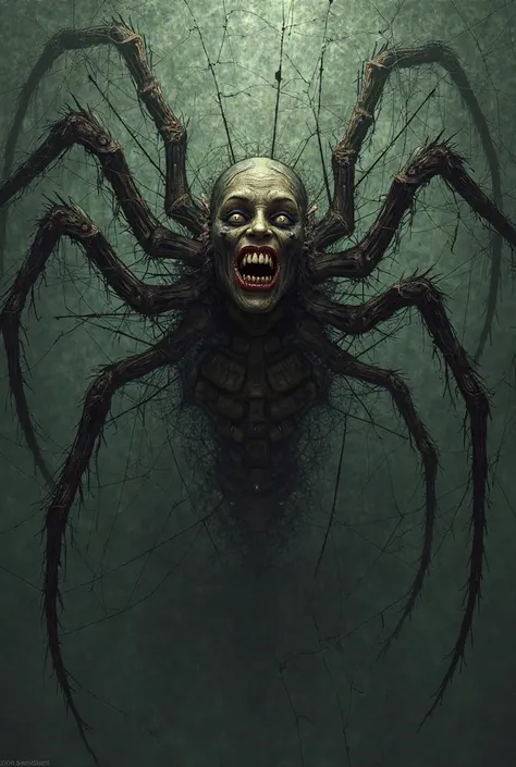 a demonic woman with a deformed mouth, Your underside body is that of a spider, And it's in your web