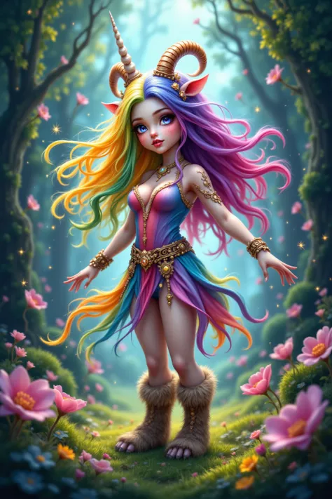 A whimsical Satyr Girl with a unicorn horn, rainbow hair, and furry goat legs. 