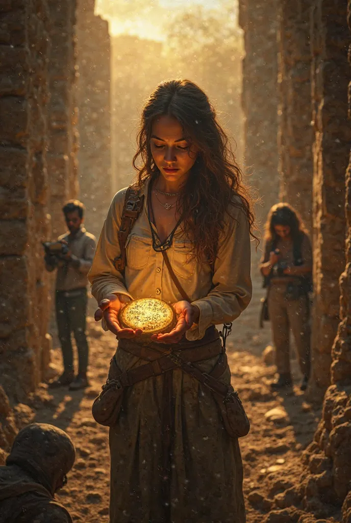 "A mysterious archaeological site at dusk, with ancient ruins partially visible in the background, bathed in soft, warm golden light. In the foreground, a female archaeologist is standing, holding an artifact with strange runes or symbols glowing faintly i...