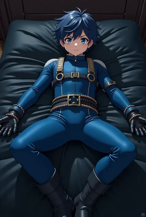 An 18-year-old anime boy qu'on vois de la tête au pied in a meticulously detailed diving suit with gloves and boots lies helplessly on a black leather bed with a dark wooden frame. His wrists and ankles are tightly bound by intricate black ropes, forming a...