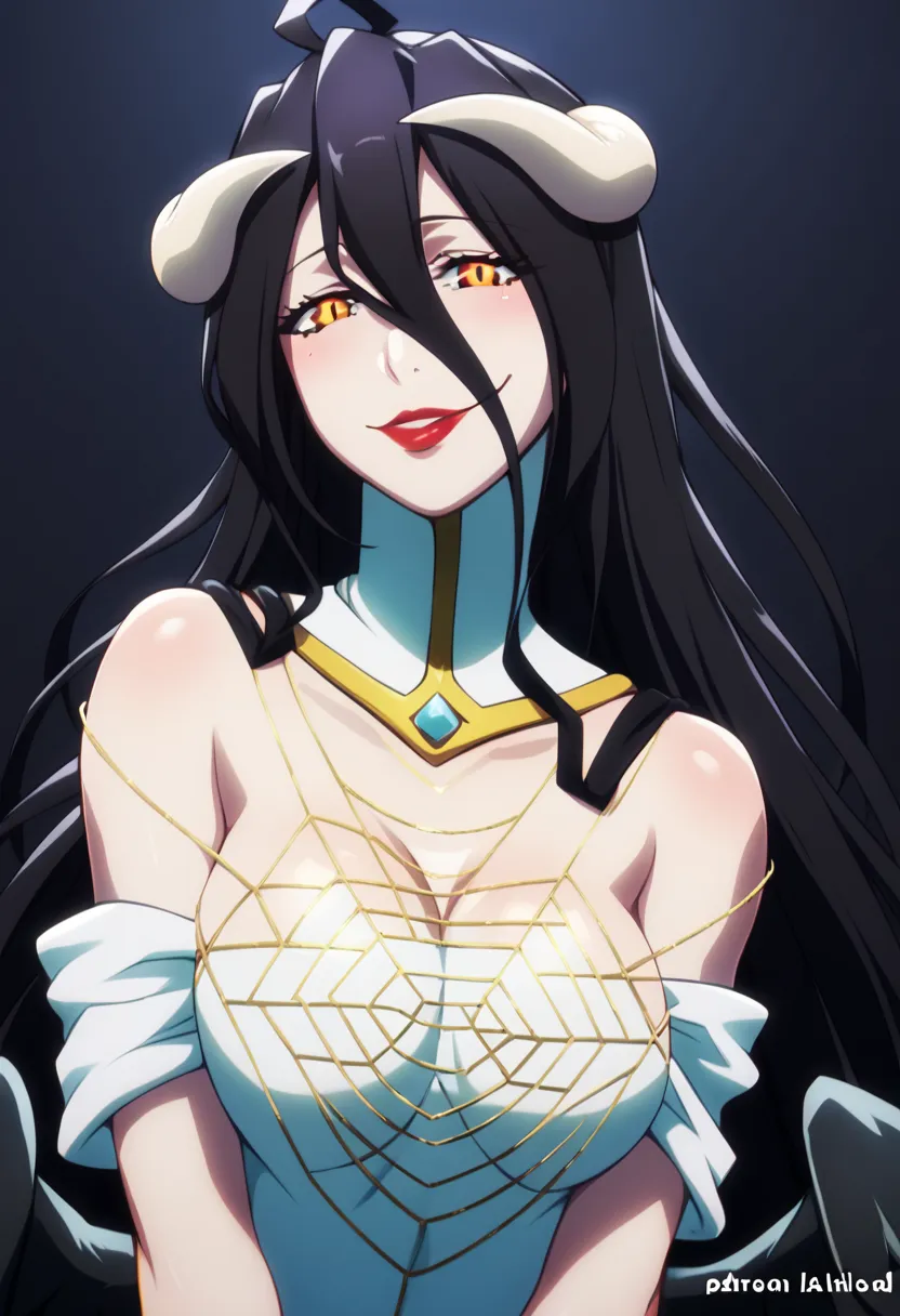 a ( super realistic)  beautiful and sexy woman (albedo _overlord) with (bright orange eyes) and white suit(detailed with perfect sharpness ) with gold jewellery on sexy breast, beautiful breast(perfect shape and size), red lips,  beautiful long black hair ...