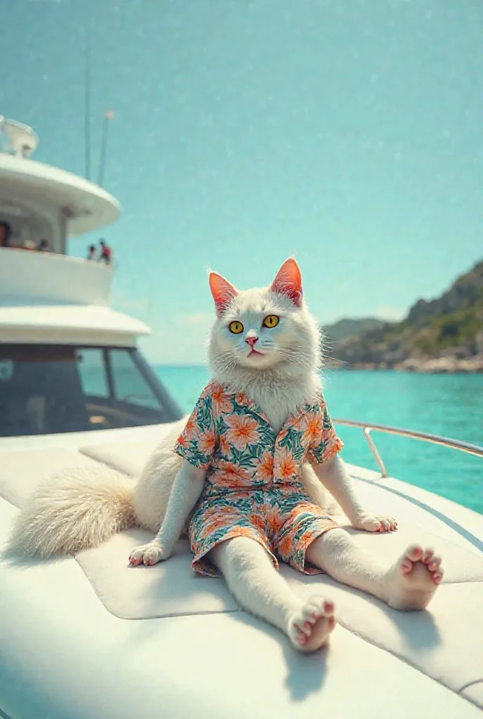 A long white cat with white hair, a human body and a cat face wearing a beachwear are on a yacht 