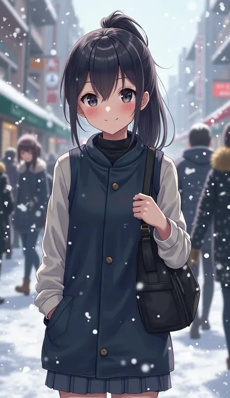 a smiling girl with black eyes in a dark ponytel she is wearing a black sleeveless dark blue he's hanging her bag over her shoulder。The background is snowing and snow is piled up。There are lots of passers-by walking around。She has one hand deep in her pock...