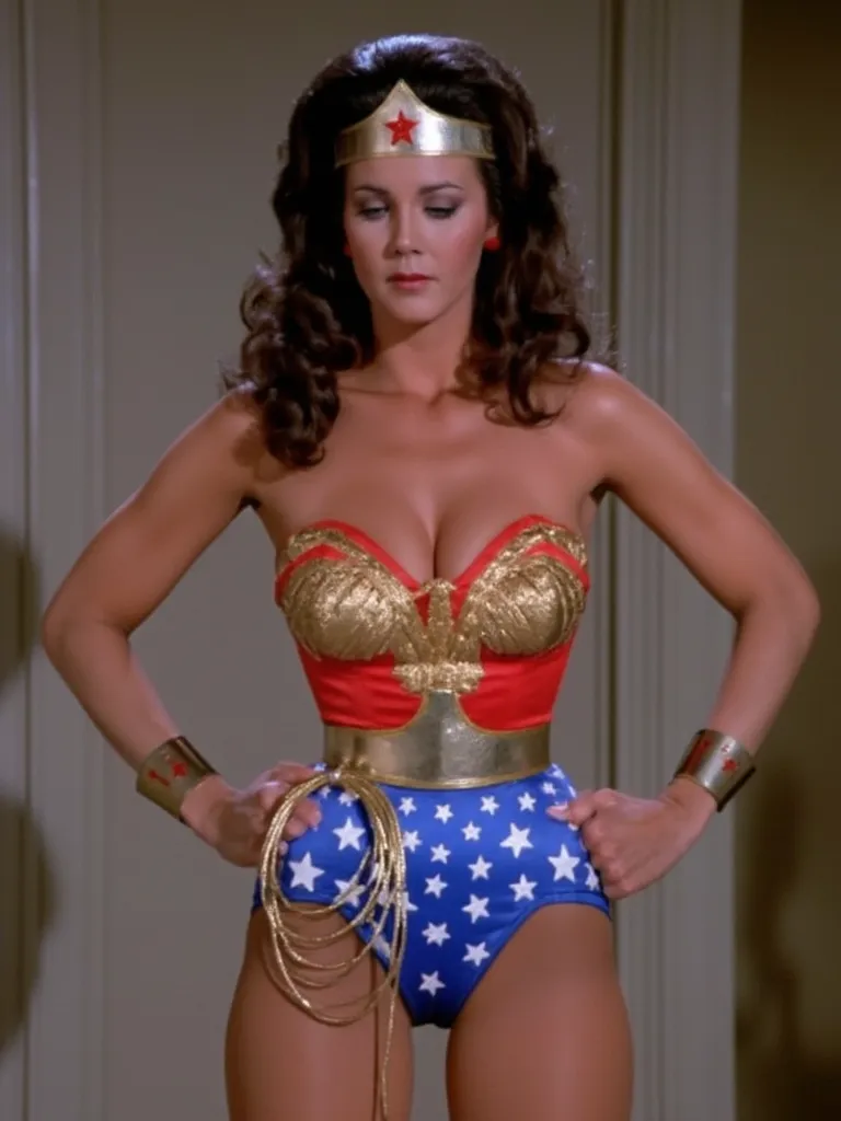 ((  top quality)), ((  masterpiece)), (  Details),  1 girl, Linda Carter as Sexy Wonder Woman.   She is wearing a red and blue Wonder Woman costume without her magic belt. She is looking helpless, exhausted, and defeated 