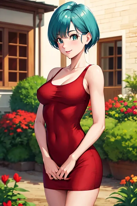 Masterpiece, t-shirt,  highres, Dragon Ball , blm short, Aqua Hair, very short hair, Big breasts , Alone,  smile, cowboy shot, short red dress, bare shoulders, Standing , In front of the office 