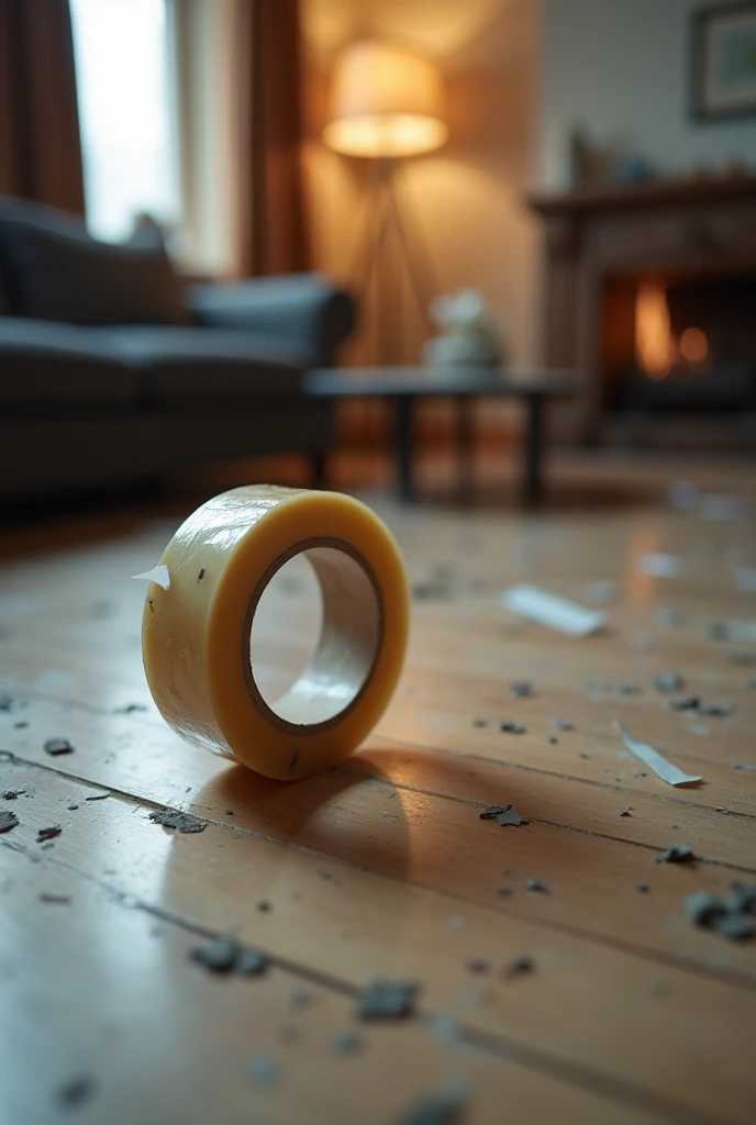 worn roll of adhesive tape on the floor, on the floor of a living room but to notice some destruction as if there had been a robbery in the background and that more focus is placed on the roll of tape as a forensic photo in which the tape is the evidence