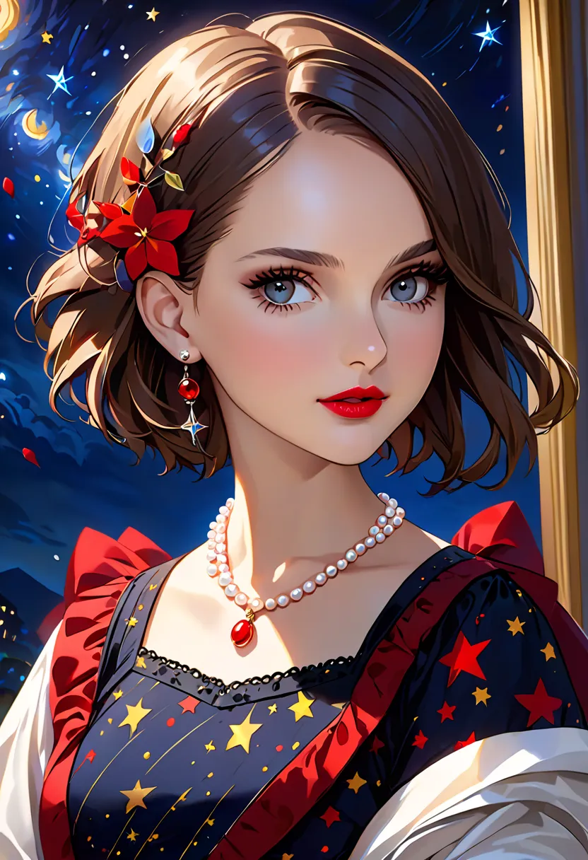  Natalie Portman , oil, Renaissance, Leonardo da Vinci,  model,   modern style , Modern clothing,  Popstar, nice,  Short Hair Red Pearl Necklace, earrings, Modern makeup, red lipstick, Starry Night, Black Star Dress , ring, Defined Stroke  