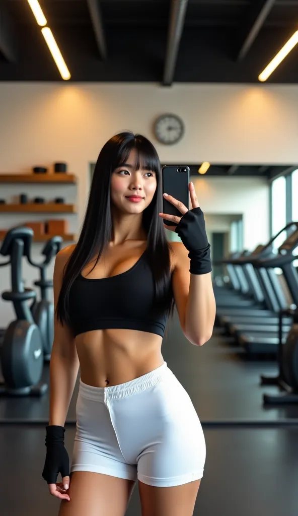 "A young woman with long, straight black hair and bangs is taking a mirror selfie in a modern gym. She is wearing a black sports bra and tight white shorts, highlighting her toned physique. Her expression is calm and confident as she looks into her phone's...