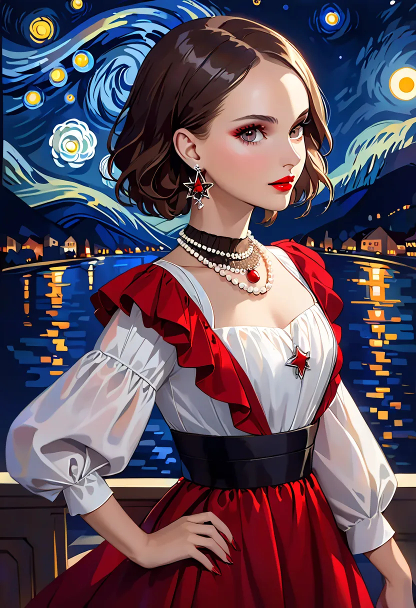  Natalie Portman , oil, Renaissance, Leonardo da Vinci,  model,  modern style , Modern clothing,  Popstar, nice,  Short Hair Red Pearl Necklace, earrings, Modern makeup, red lipstick, Starry Night, Black Star Dress , ring, Defined Stroke