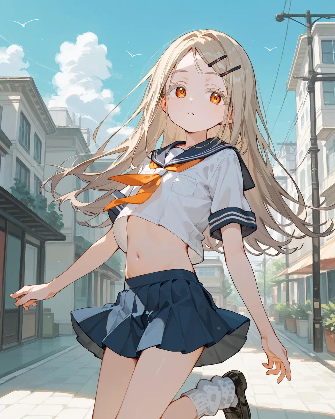 Shinosawa Hiro ,thin, orange eyes from the side diagonally, white lashes,blond with a big face,long hair,hair clips,flat chest,belly button,Outdoors、sunset、City、building、solo,Short sleeve, Red Ribbon Sailor Suit,navy blue pleated skirt,low rise、white panti...