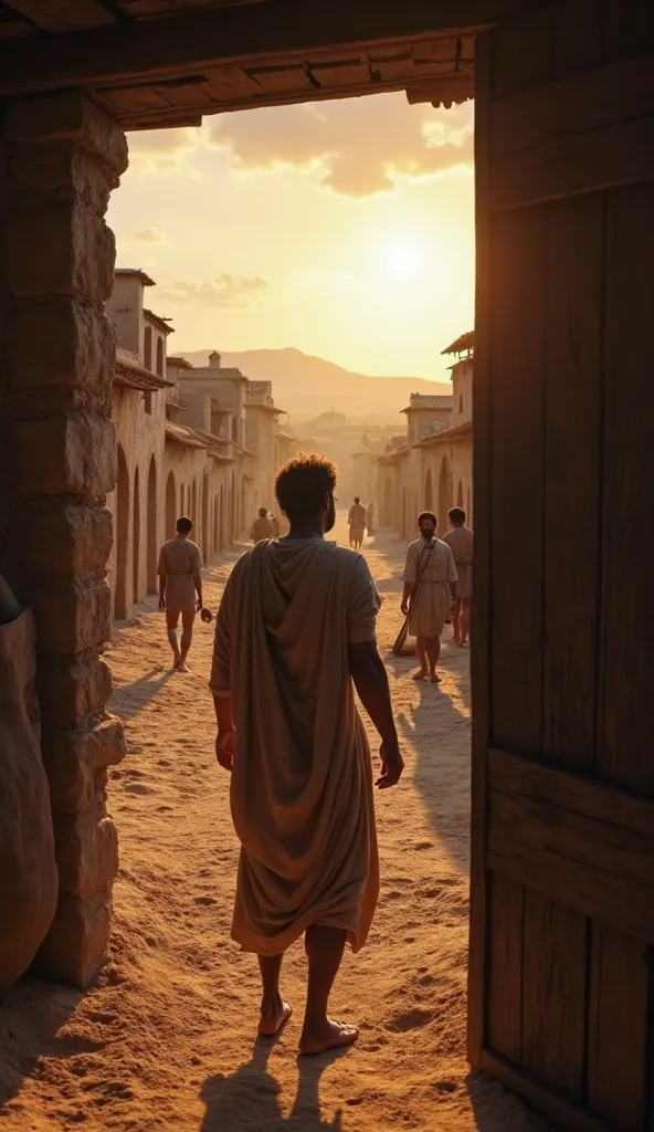 First-person view (POV) of a man in the time of Christ looking at the street as he leaves his simple house. His hands are visible in front of him, while his bare feet touch the dirt floor. The rustic wooden door is open behind him, revealing the dark inter...