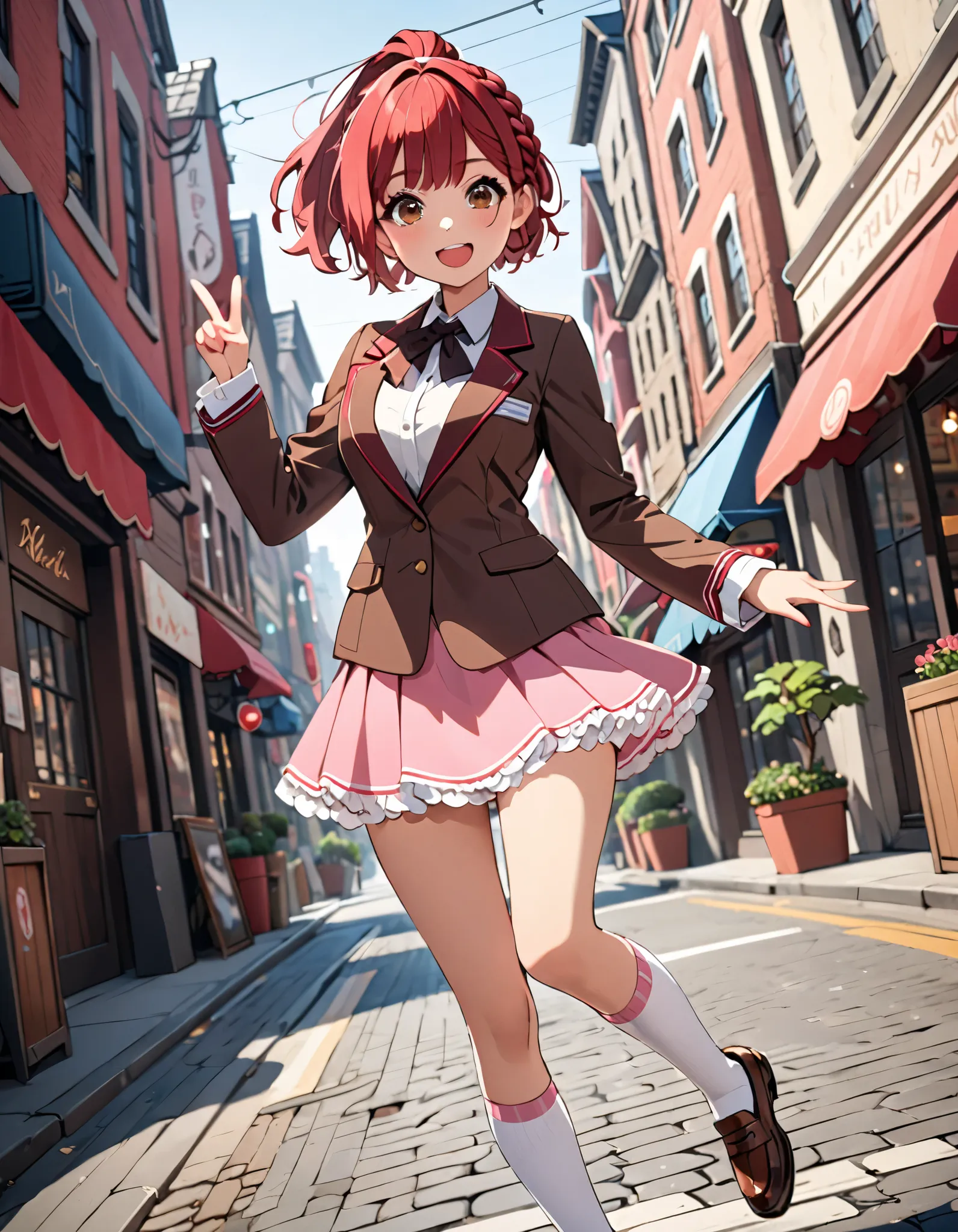 ((Best quality, 8k, Masterpiece :1.3)), 1girl, Pretty woman, cute face, (ponytail, short hair, braid, bangs, red hair, breasts), (Ultra-detailed face, brown eyes, Detailed eyes, Double eyelid), (full body shot,cowboy shot), perfect hands, complete fingers,...