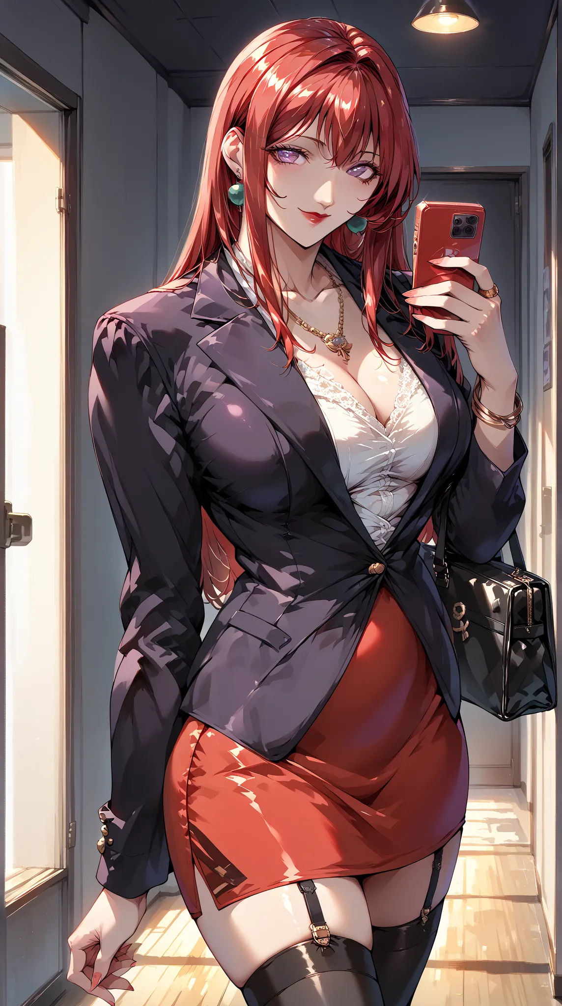 Takashiro Hiroko, 1girl, mature female,red lip, red swept bangs,red hair over shoulder,purple eyes, beautiful earrings and necklace and bracelet ,mini bag phone,blouse,blazer,taut red skirt,black thighhighs,garter straps,high heel, smile, standing in a cla...