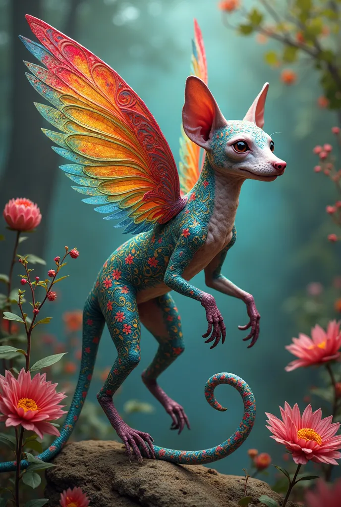 Animal with Xoloitzcuintle's face body like a spider monkey,  snake tail , Hummingbird wings with Alebrije style 