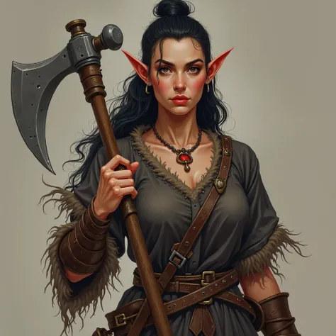 Make a full-bodied female character, expressions from a Halfling Race role-playing game with the Barbarian class, She's a very strong character who measures 1,5 m, Your skin is light, half red and your ears are pointy, dark hair tied , with subtle, dark cl...