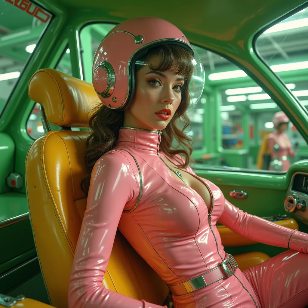 (vue de haut à 45°) d'une ((beautiful complete sexy woman with sexy shiny pink and green suit)) and crystal helmet, lascivious pose, naughty face, long hair 1950's style retro futurism decor couleur vert, ((ambiance kitch))