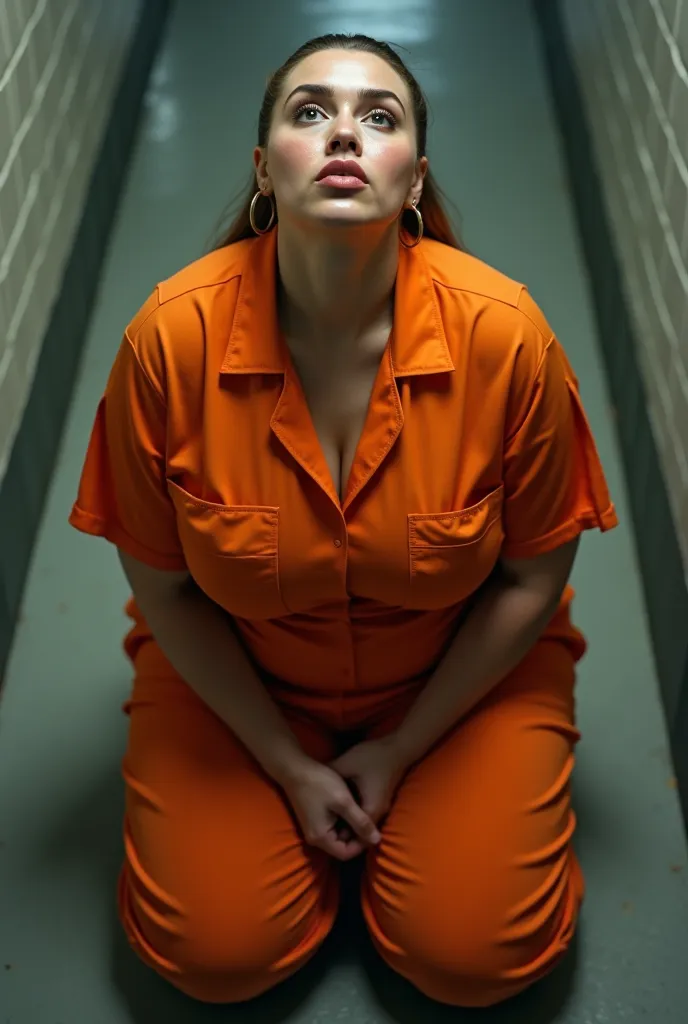 In a prison, high angle view, a massive ass pawg voluptous plus sized mature white woman kneeling on the floor, looking up at viewer (eyes openned), light brown slickback ponytail, slight face wrinkles, hoop earings, realistic tongue, wide body, large size...