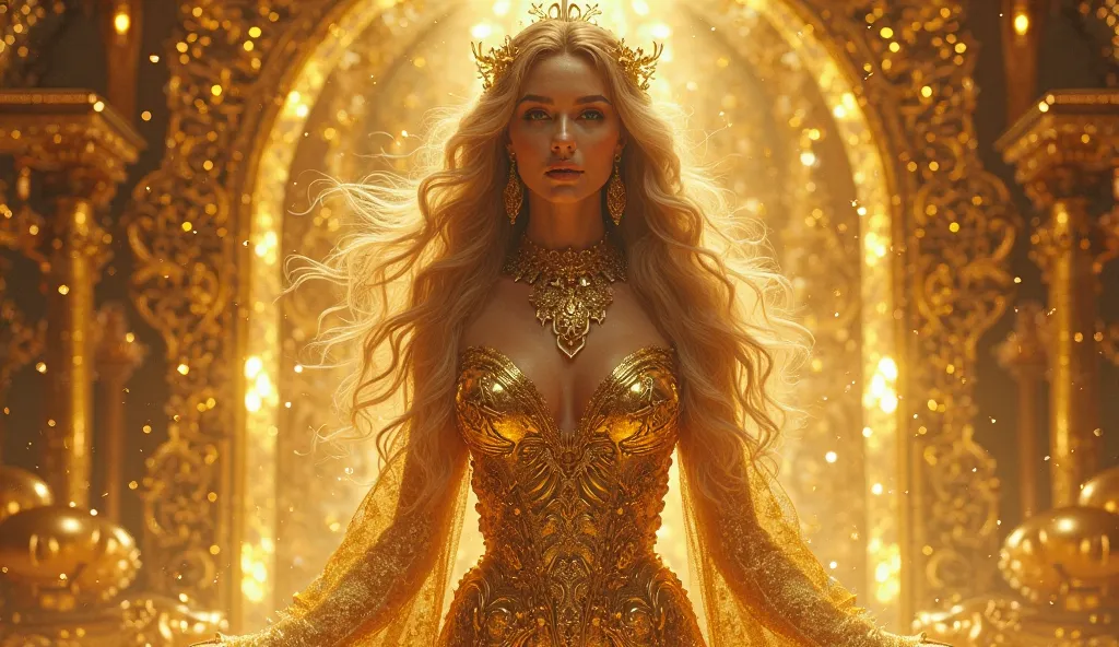 a full HD high definition, detailed image that conveys a lot of wealth and prosperity, golden elements showing riches, a mystical and feminine atmosphere, a goddess of gold