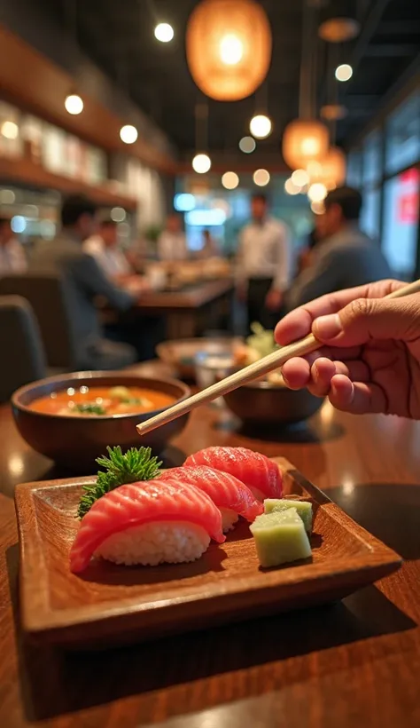 "A hyper-realistic first-person perspective (POV) image of a person eating at a popular Japanese food restaurant. Hands are visible in the foreground, holding a pair of wooden chopsticks, about to pick up a piece of fresh sushi with perfectly shaped rice, ...