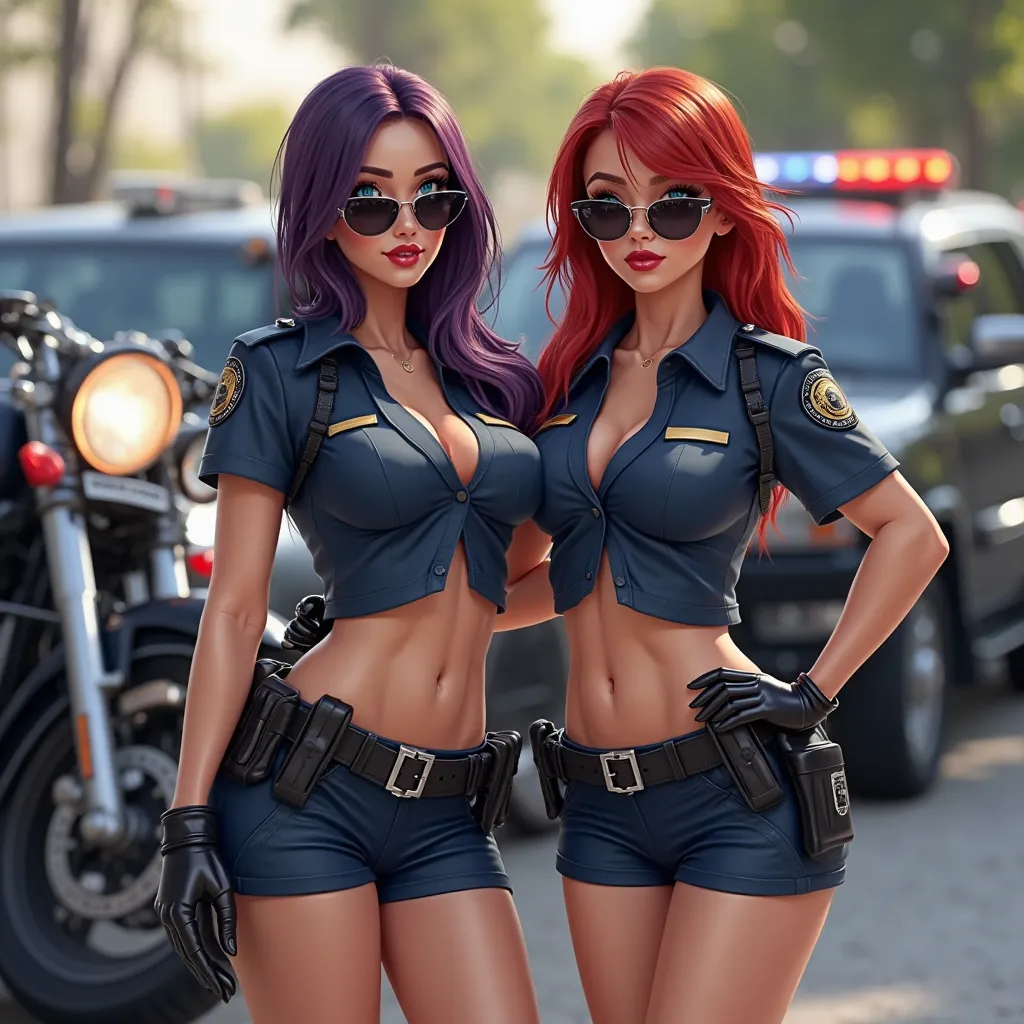 Two sexy female cops. They are patrolling the streets with their motorcycles. They are dressed in their tight uniforms: dark blue short shirt, dark gloves, sunglasses, dark blue mini shorts, tactical belt and boots. They also wear lipstick and have big bre...