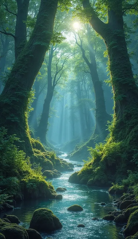 "A vast, magical forest with towering trees covered in glowing moss. A sparkling river winds through the dense foliage, and soft beams of moonlight pierce the canopy above. Ethereal creatures can be seen flitting between the trees, with mist swirling aroun...
