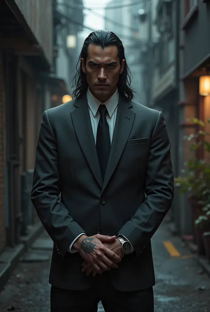 a long hair yakuza gangster dressed in a suit