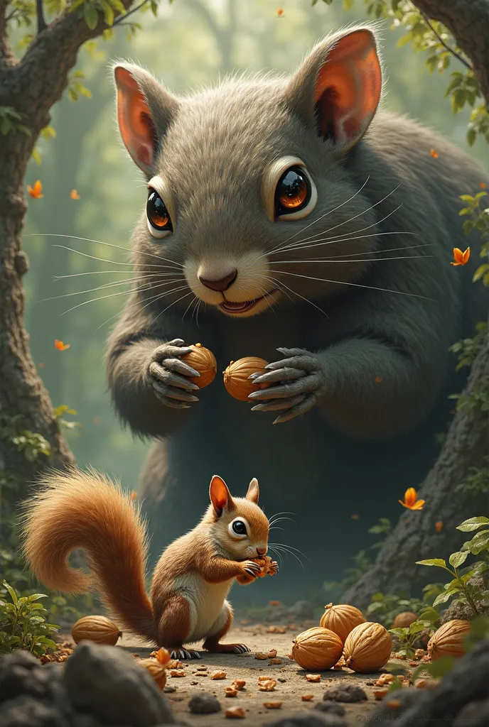 Make an image of a squirrel eating walnuts with the hyper and super giant cachetee