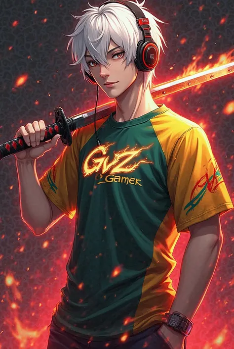 anime logo,  male, white hair wearing headphones, holding a katana with a red aura effect, wearing a Dark yellow and mix with green esports shirt, on the shirt there is the word “Gvz Gamer” with flames burning,