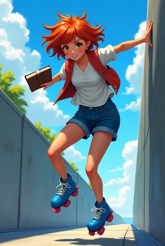 Anime girl piernona short copper hair dark skin brown eyes jumping walls on blue skates with the bible in her hand 