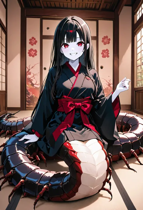 Lamia style girl. Fusion with a centipede. Black centipede body. Red insect legs. giant. Black costume. Japanese kimono dress. Red eyes. Black hair. Straight hair. Neat bangs. Grin. White skin. Japanese house. Indoors. look up.