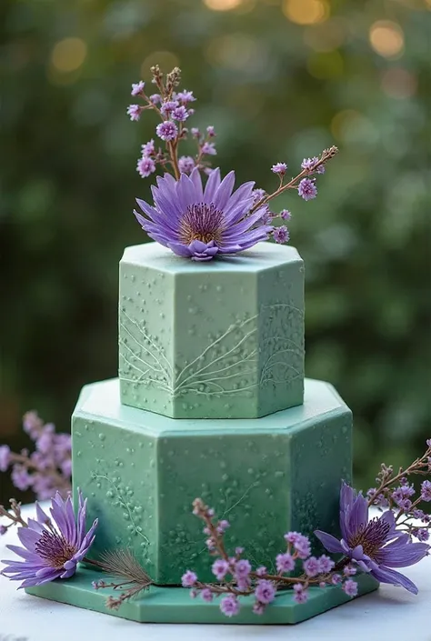  outfit; Luxurious cylindrical and hexagonal 2-tier cake,  in dry green gradient color. At the top, the cake has fine and thin arabesques in the shape of a flower in high relief. Surround the cake several dry branches with purple jacaranda flowers. Backgro...