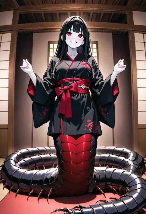 Lamia style girl. Fusion with a centipede. Black centipede body. Red insect legs. giant. Black costume. Japanese kimono dress. Red eyes. Black hair. Straight hair. Neat bangs. Grin. White skin. Japanese house. Indoors. look up.