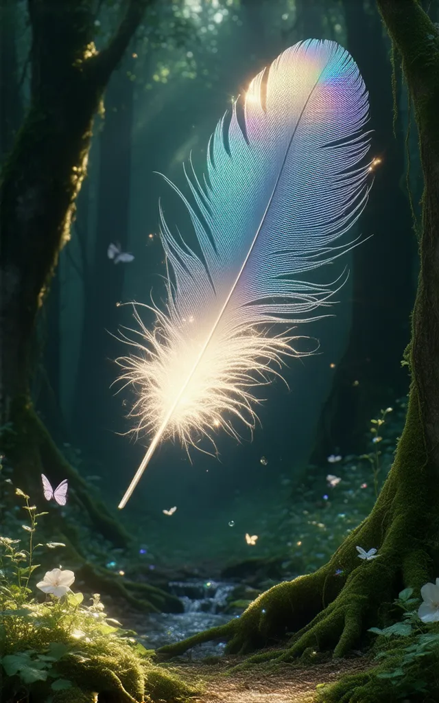 In a whimsical fairytale setting, a large, ethereal feather gracefully floats through the air, surrounded by a magical forest. The feather glows softly with iridescent colors, reflecting the dappled sunlight filtering through the canopy of ancient, towerin...