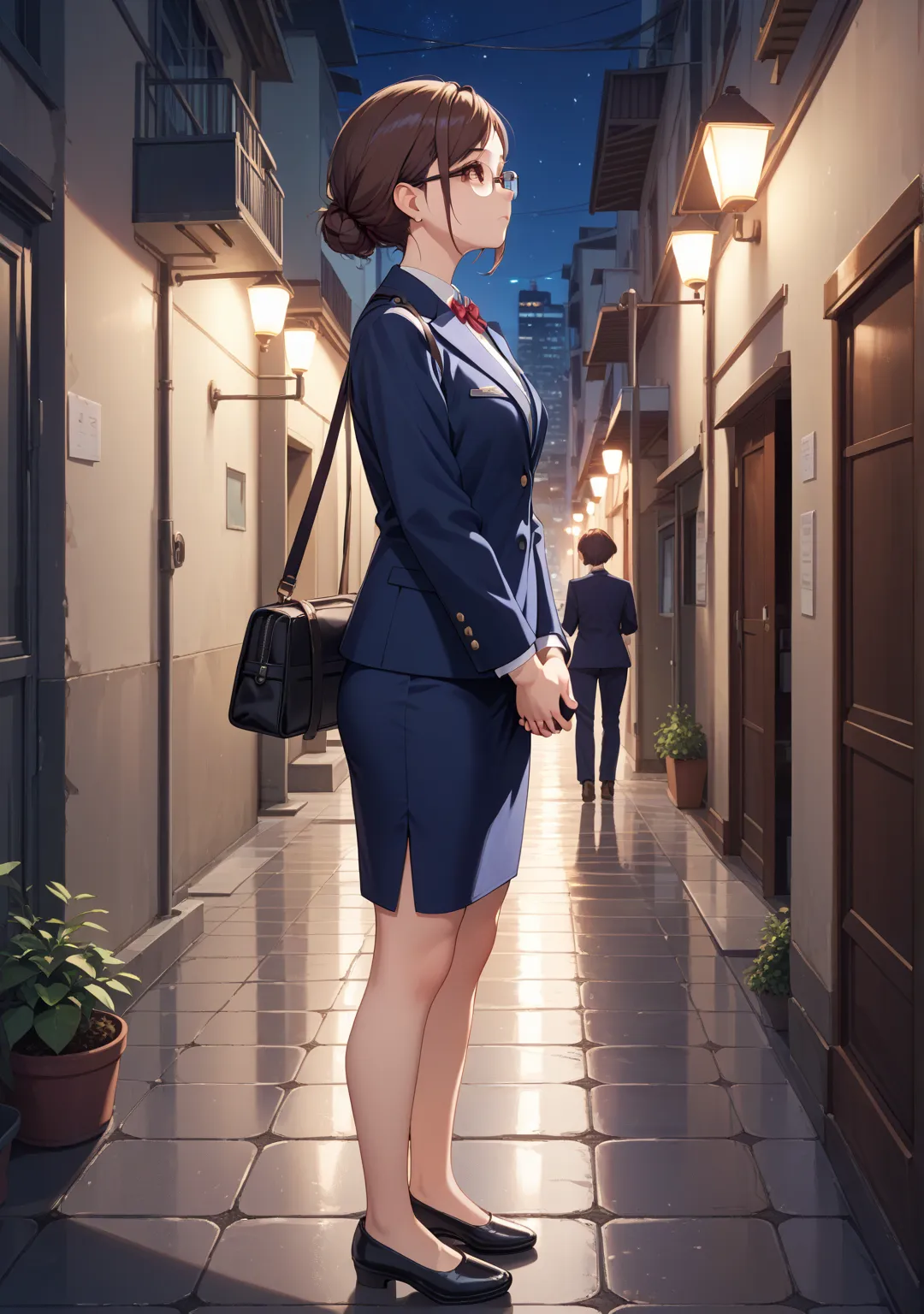  Panorama ,looking up,1 girl,office lady,navy skirt,low bun,brown hair,brown eye,short hair,swept bangs,night,city,Alley,Returning Home,walk,navy jacket ,bag, expressionless,Looks sleepy,from side,Glasses,,full body,Standing ,,grab the doorknob,