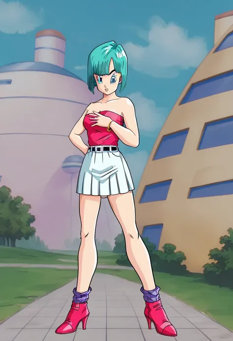  bulma, Saga de los Androides , short hair, aquamarine hair, bob cut style .,  water colored hair , Bangs, blue eyes, attire, de Saga de los Androides  color rosa, pink strapless shirt ,  Pink Pleated Skirt  , bare shoulders, standing in front, serious guy...