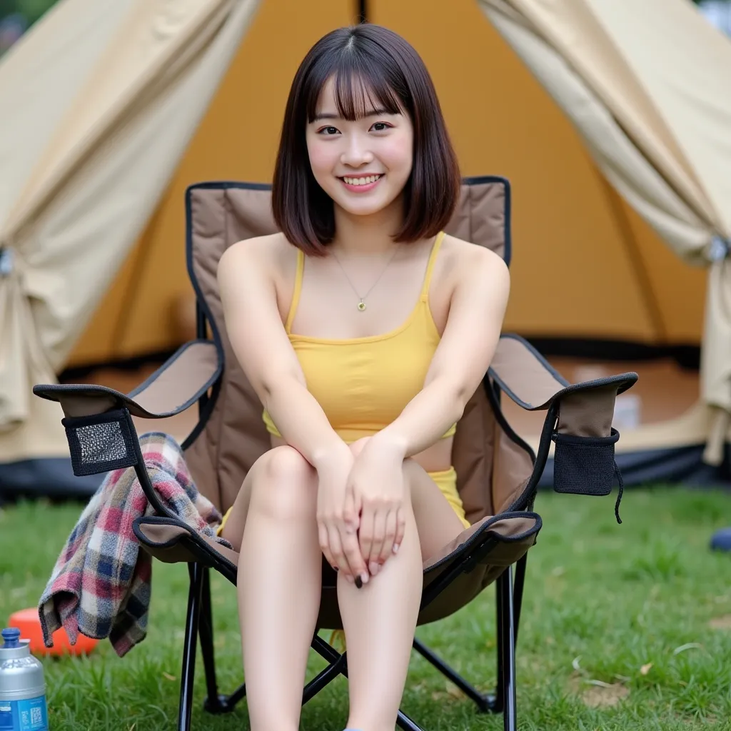 A young Japanese woman with brown bob hair, sitting on a brown foldable camping chair in front of a beige tent. She is wearing a yellow bikini top and blue sneakers with white laces. Her legs are tucked close to her body, and she is smiling brightly at the...