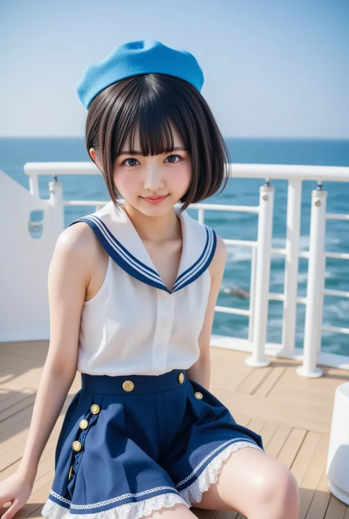 masterpiece, best quality, Cinematic photo, Japanese 18-year-old girl (short black straight hair, bangs reaching to eyebrows, boyish, with ears sticking out, Brown eyes), (smiling with teeth showing : 2.0), wearing a blue marine skirt with gold button deta...