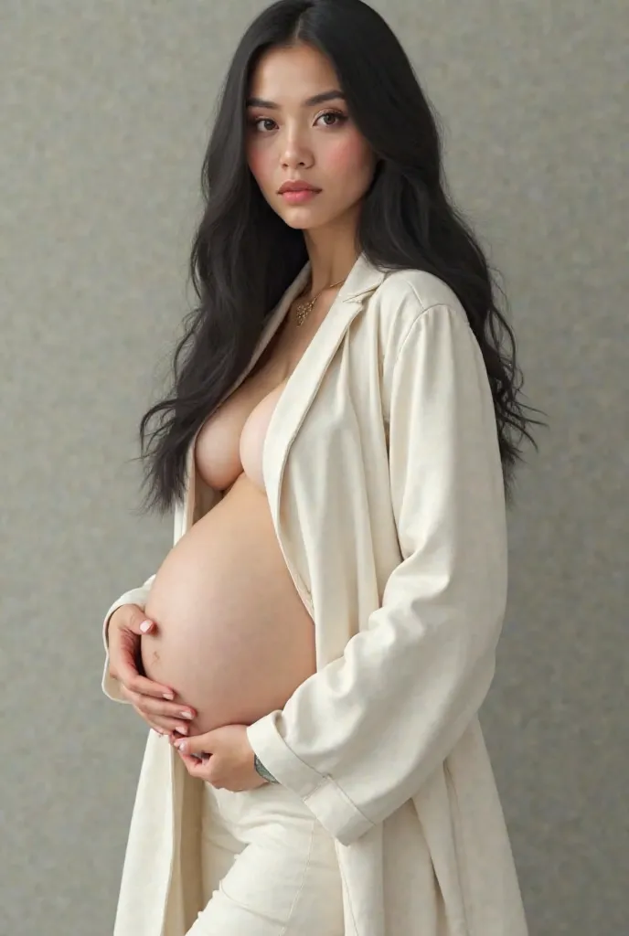 
Robust Latin girl, white-skinned, straight black hair,  white coat , pregnant 