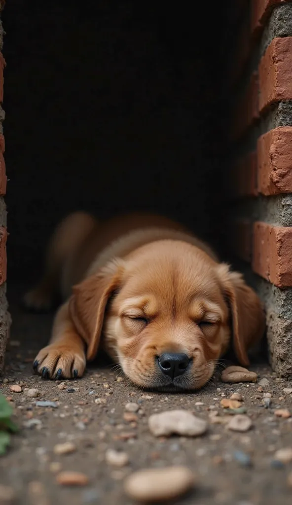 A light brown puppy sleeping peacefully in a dark corner, with a floor covered with small stones and an apparent brick background.  The lighting is soft, highlighting the texture of the puppy's fur and the rustic surrounding environment. A calm and welcomi...